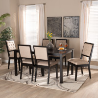 Baxton Studio Suvi-Sand/Dark Brown-7PC Dining Set Suvi Modern and Contemporary Sand Fabric Upholstered and Dark Brown Finished Wood 7-Piece Dining Setd